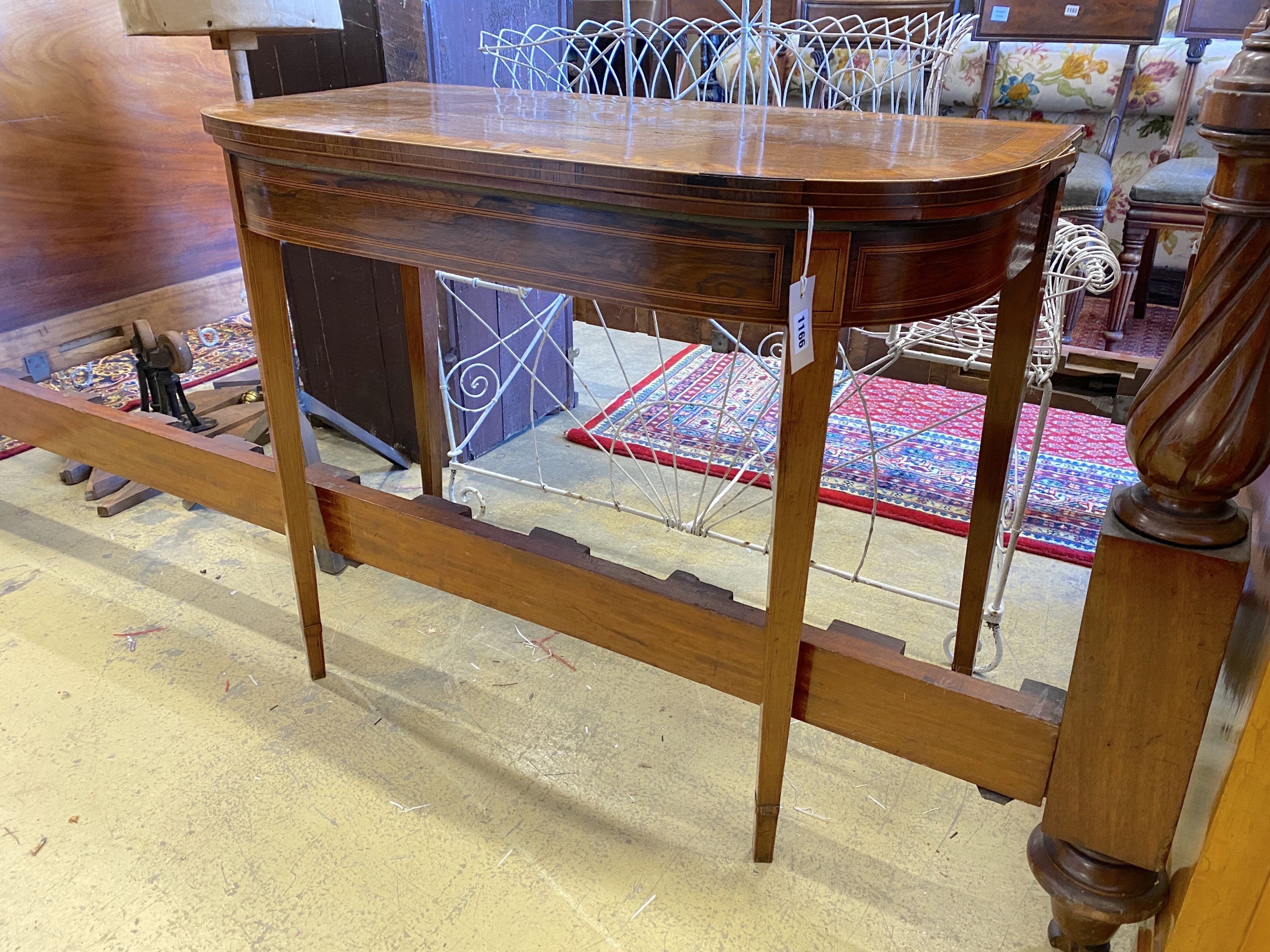 A George III satinwood banded rosewood rectangular folding card table, width 92cm, depth 45cm, height 74cm